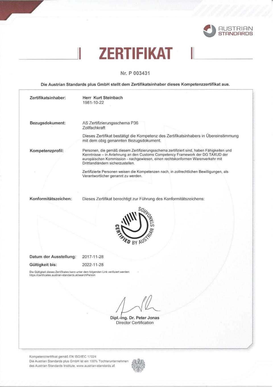 Zollfachkraft P36 Zertifikat