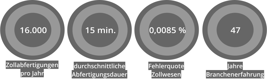 47 16.000 15 min. 0,0085 % Zollabfertigungen pro Jahr durchschnittliche Abfertigungsdauer Fehlerquote Zollwesen Jahre  Branchenerfahrung